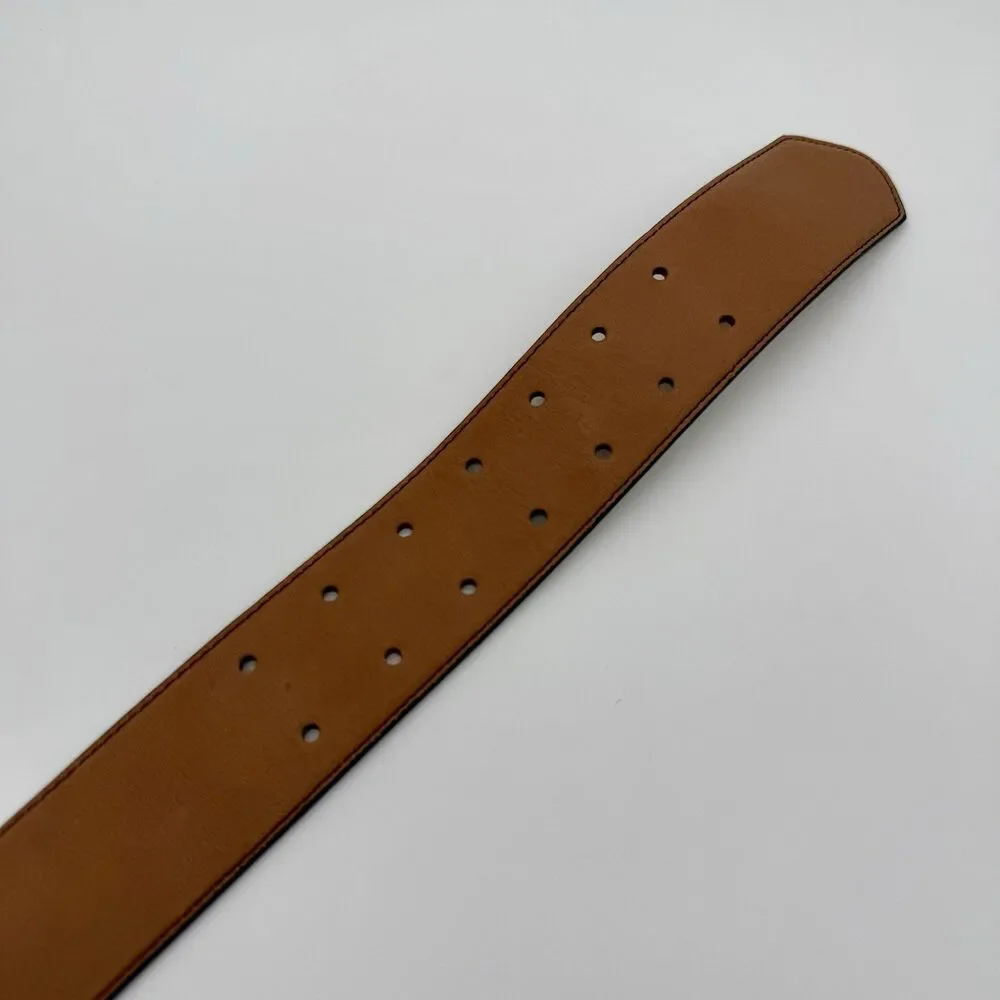 ANN TAYLOR Belt Women's S Brown Leather Blue Cream Double Gold Tone Buckle READ